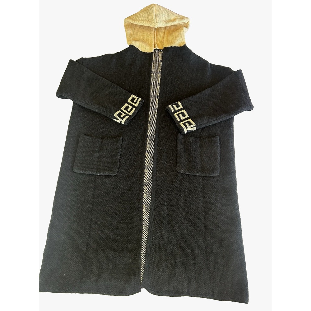 Heavy long hooded coat style cardigan geometric trim black/tan details size L
